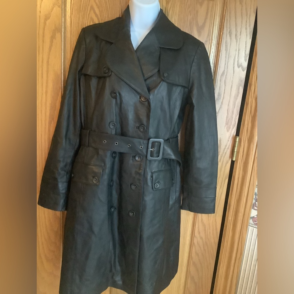 Genuine Leather black trench coat. Sz M